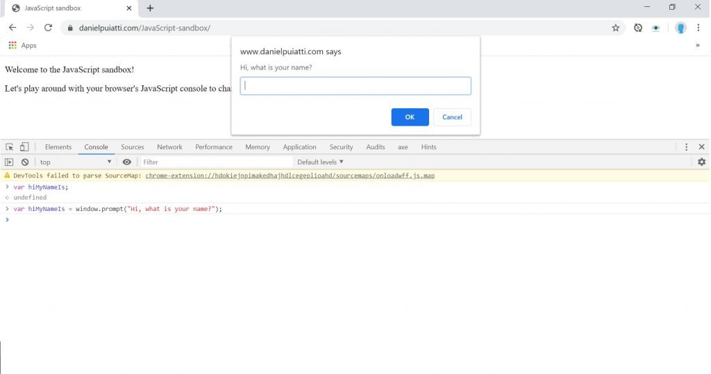 A screenshot demonstrating the JavaScript developer console.