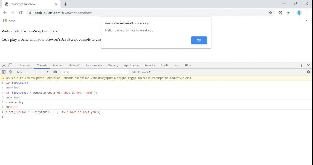 A screenshot demonstrating the JavaScript developer console.