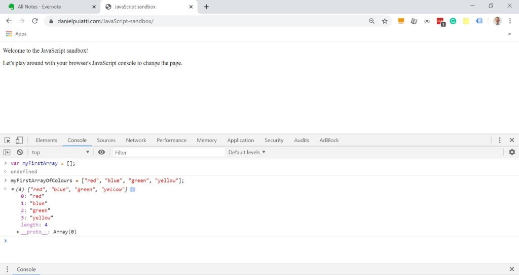 A screenshot demonstrating JavaScript arrays.