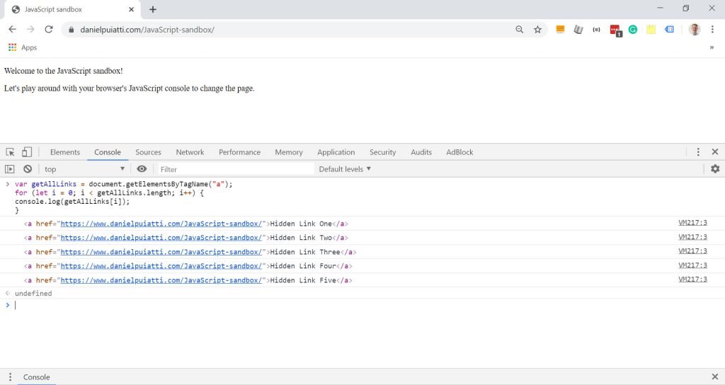 A screenshot demonstrating JavaScript loops.